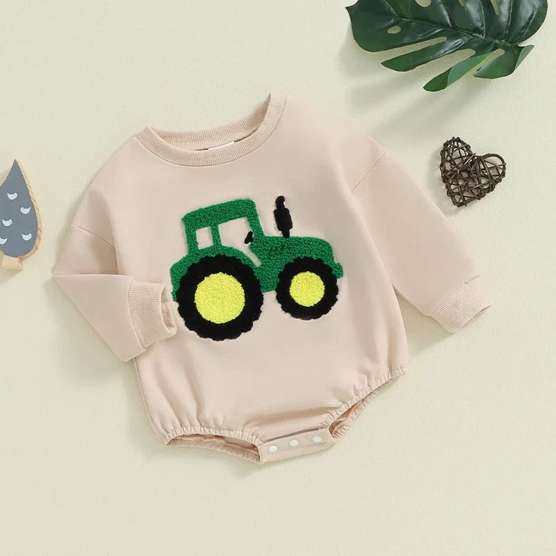 Cozy Embroidered Romper for Babies - Tractor Design
