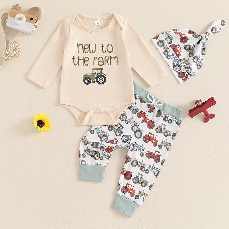 Embroidered Tractor Romper Outfit for Baby Boys - 3-Piece Set