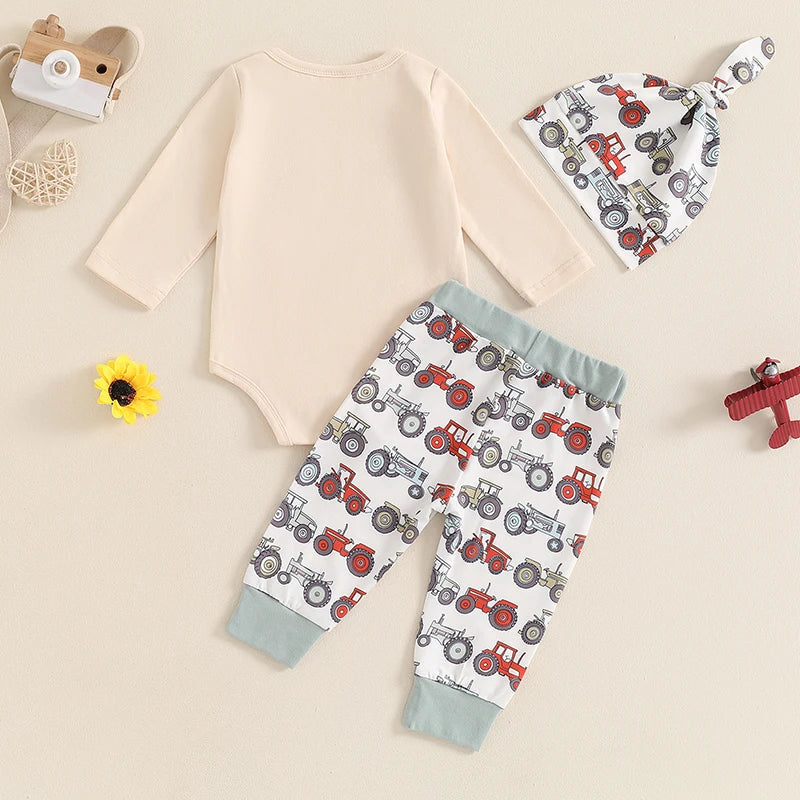 Embroidered Tractor Romper Outfit for Baby Boys - 3-Piece Set