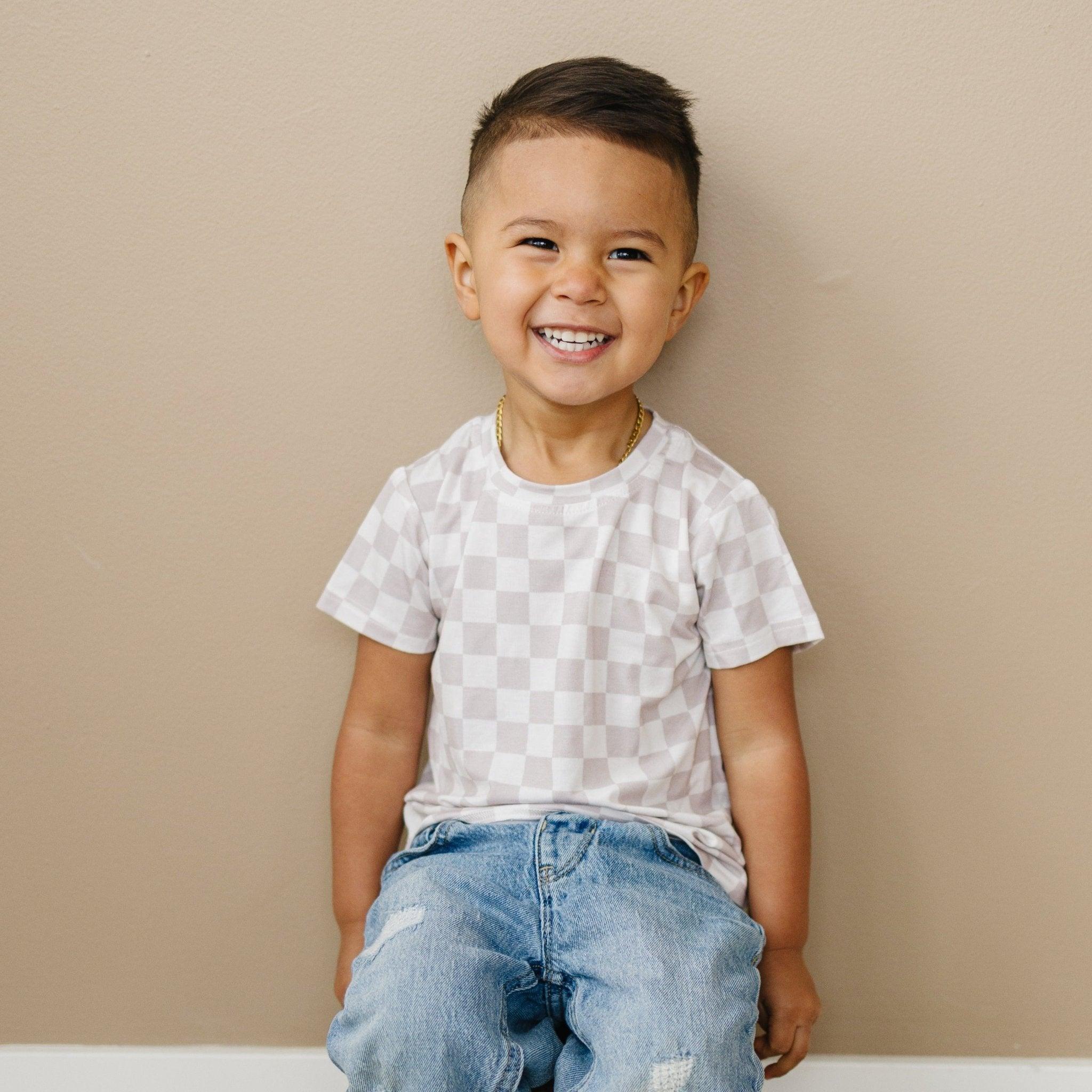Neutral Checkered Bamboo Tee for Kids - Soft & Comfy Style