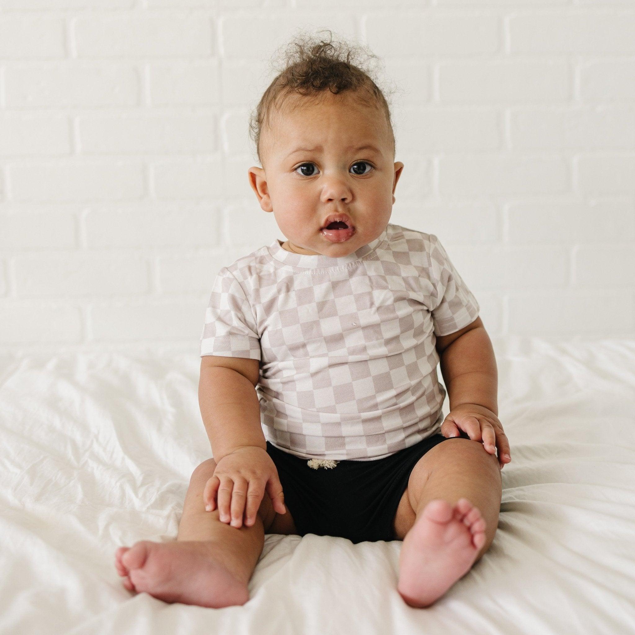 Neutral Checkered Bamboo Tee for Kids - Soft & Comfy Style