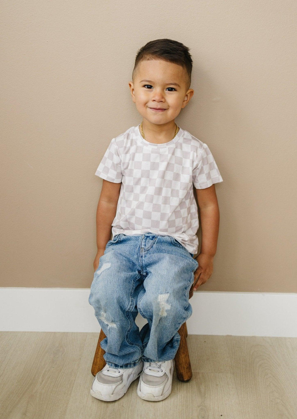 Neutral Checkered Bamboo Tee for Kids - Soft & Comfy Style