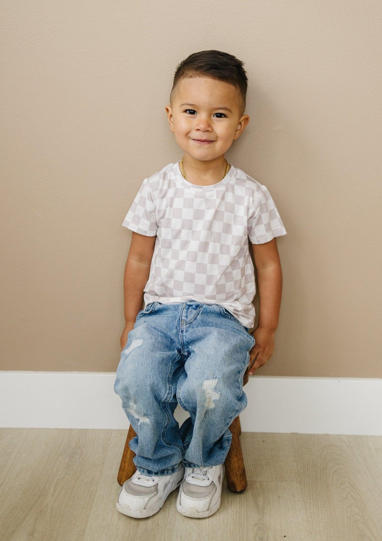 Neutral Checkered Bamboo Tee for Kids - Soft & Comfy Style