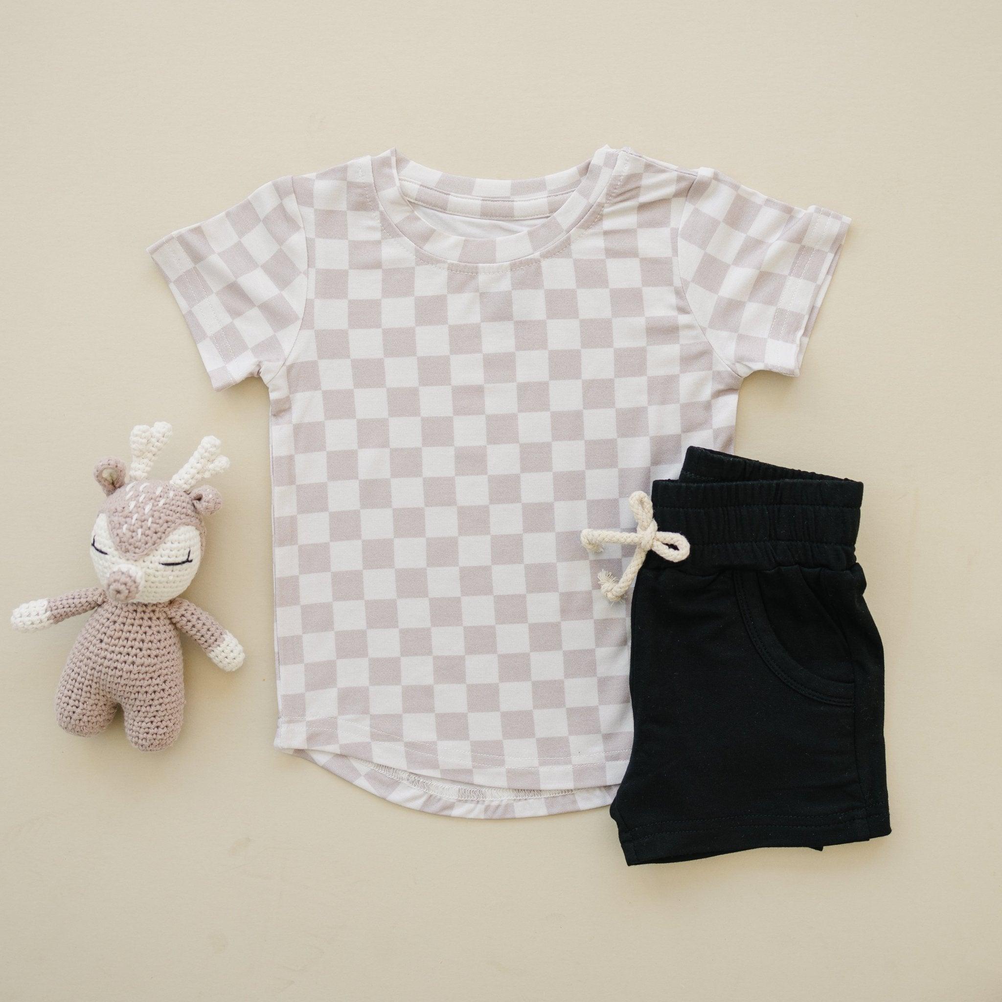 Neutral Checkered Bamboo Tee for Kids - Soft & Comfy Style