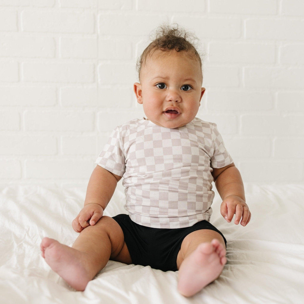 Neutral Checkered Bamboo Tee for Kids - Soft & Comfy Style