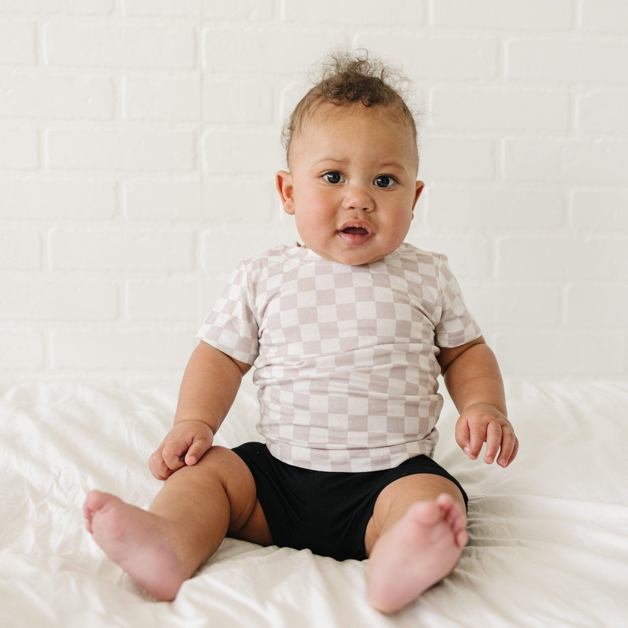 Neutral Checkered Bamboo Tee for Kids - Soft & Comfy Style