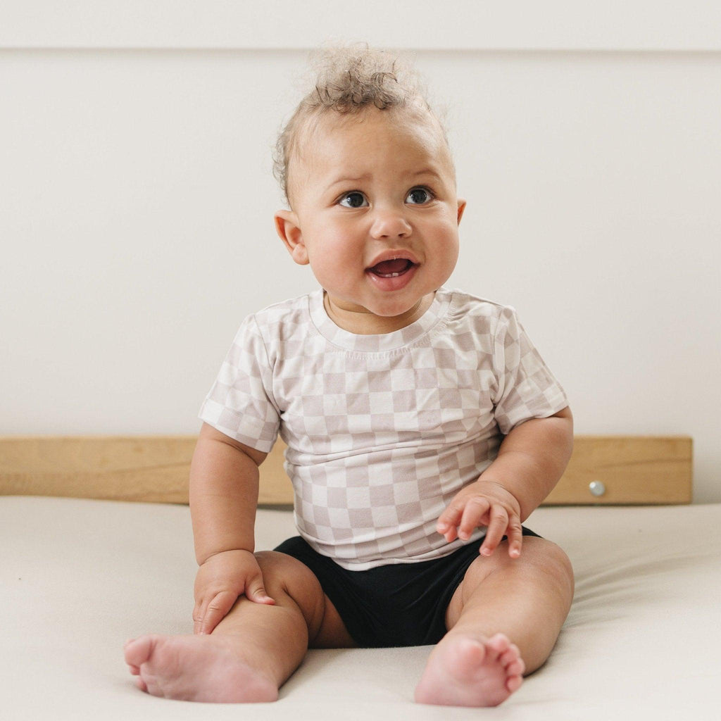 Neutral Checkered Bamboo Tee for Kids - Soft & Comfy Style