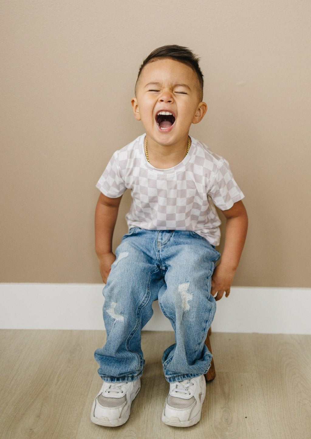 Neutral Checkered Bamboo Tee for Kids - Soft & Comfy Style