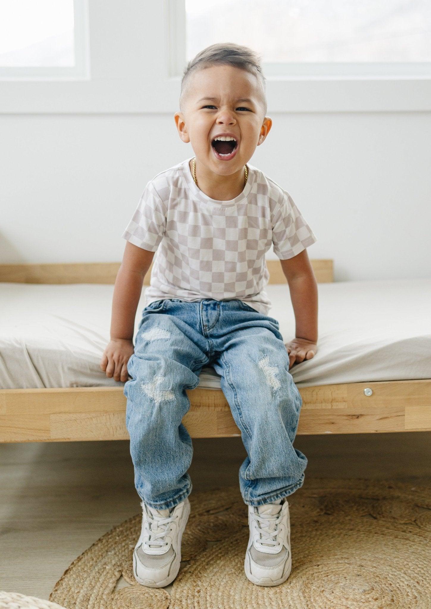 Neutral Checkered Bamboo Tee for Kids - Soft & Comfy Style