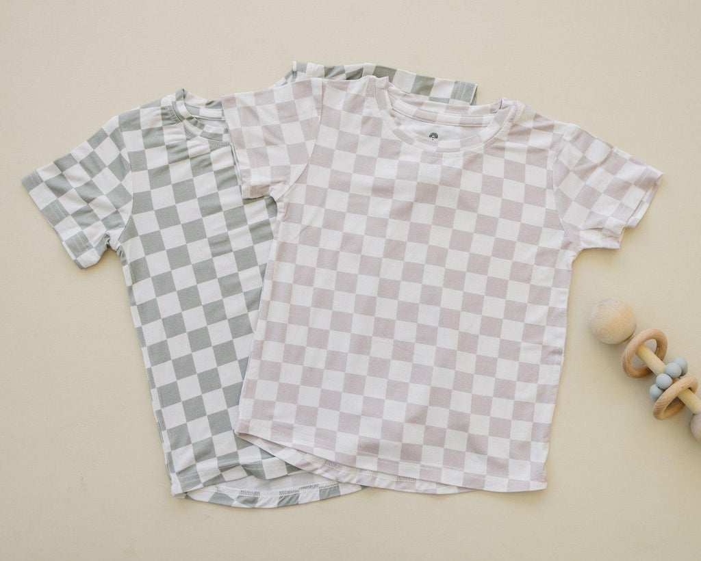 Neutral Checkered Bamboo Tee for Kids - Soft & Comfy Style